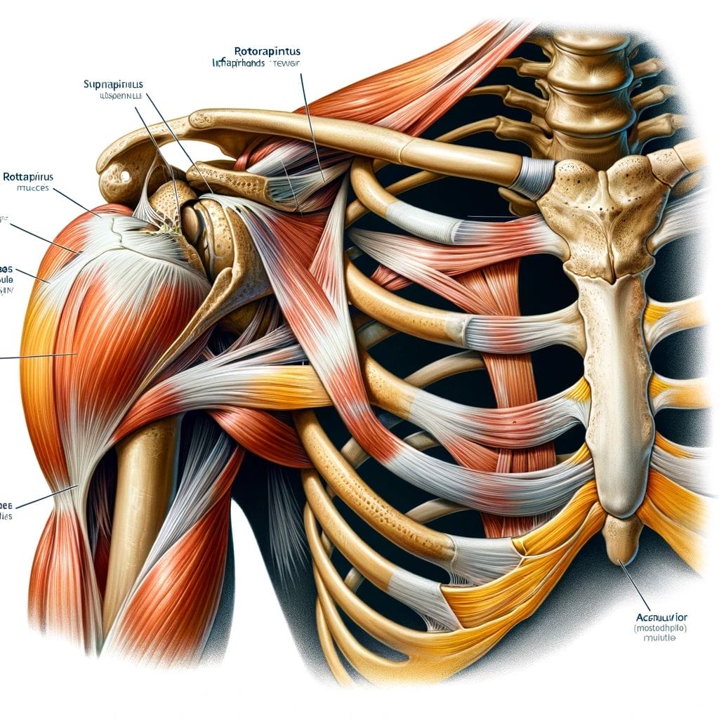 DALL·E 2023 11 10 12.15.22 An anatomical illustration showing a rotator cuff injury in the shoulder. The image should feature a detailed view of the shoulder complex with bones